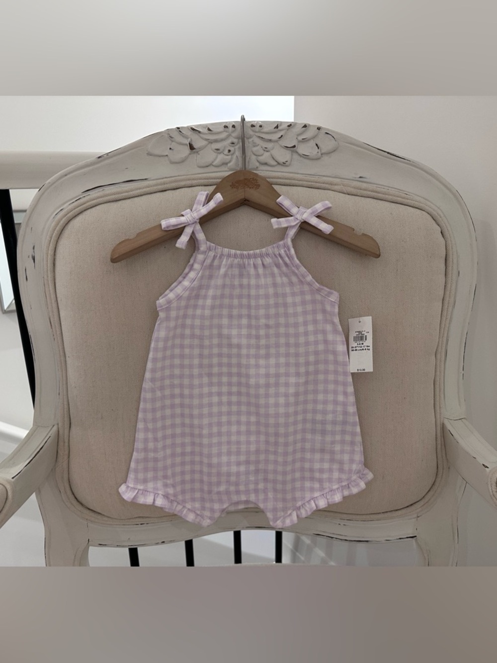 🤍 0~3 Mth 100% Cotton Gingham Bow-Strap Baby Romper - Light Lavender NWT